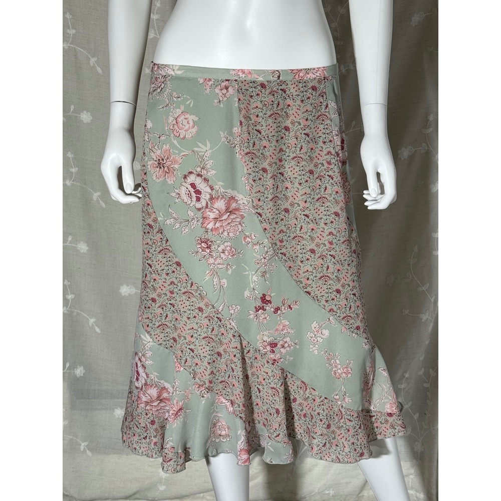 Vintage Tailor B. Moss Floral Print Ruffle Hem Midi Skirt Sage Green Pink Sz. 12